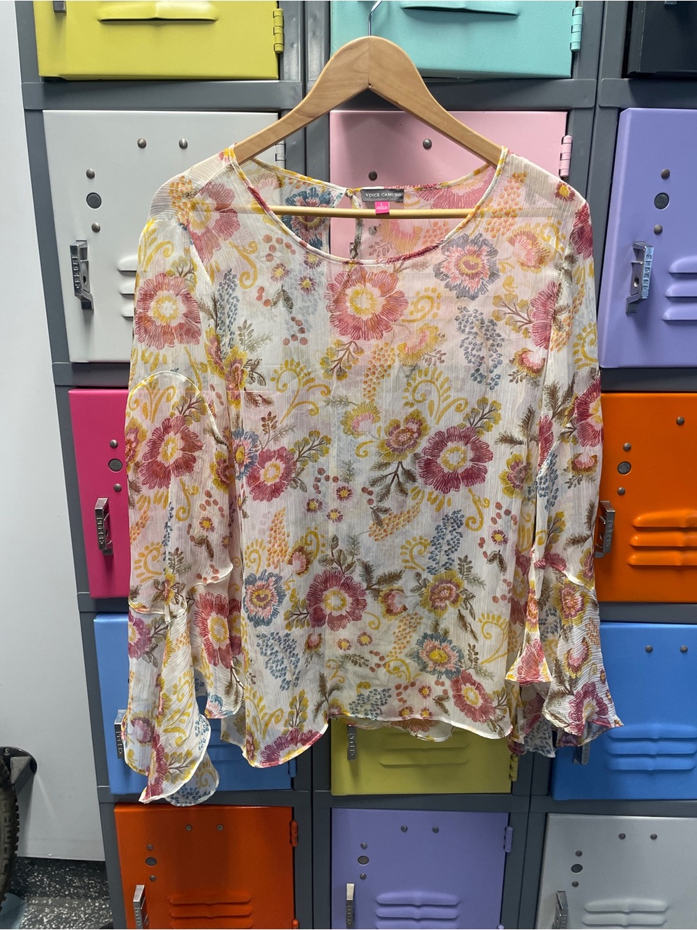 Vince Camuto Sheer Floral Ruffle-Sleeve Blouse in Pink, Yellow, Cream